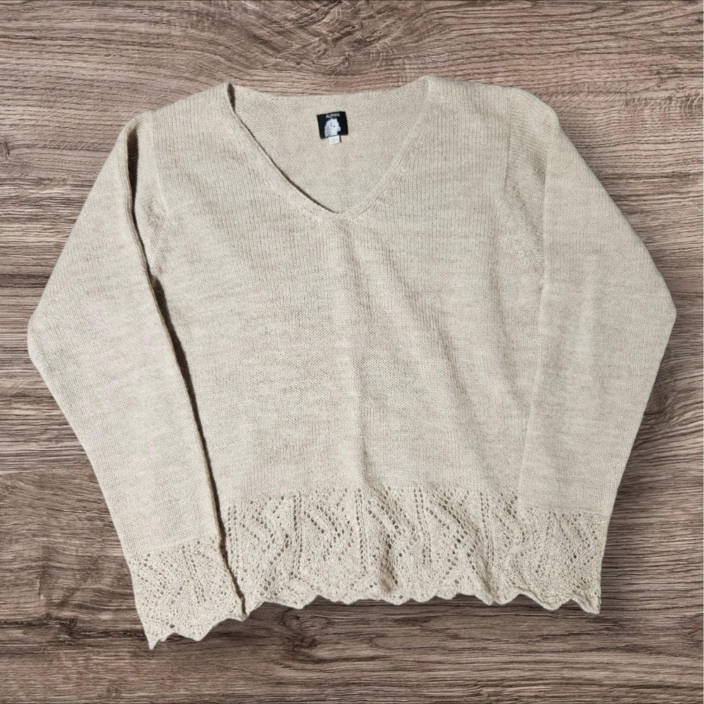Vintage ALPIMA Alpaca Wool Women M/L Pullover Jumper Sweater VNeck Openwork Lace